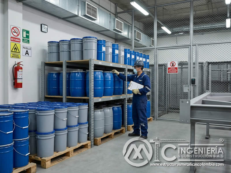 Almacenamiento seguro de pintura en polvo con sandblasting en Bogotá, Colombia. Montajes, Ingeniería y Construcción. MIC SAS.