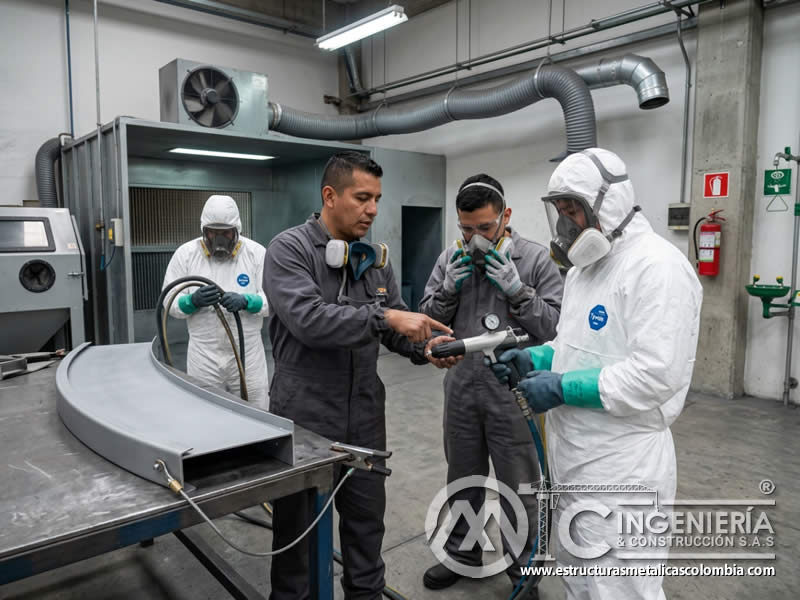 Capacitación de seguridad en pintura en polvo con sandblasting en Bogotá, Colombia. Montajes, Ingeniería y Construcción. MIC SAS.