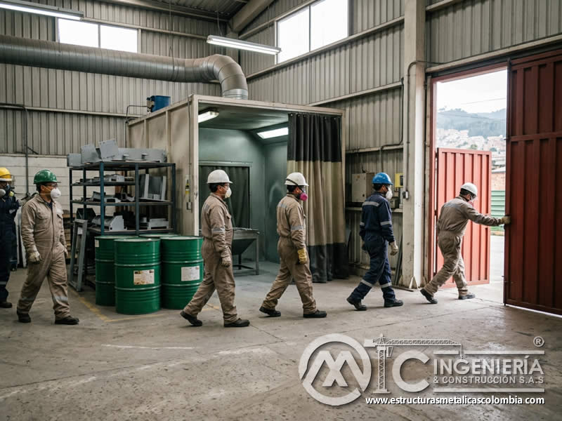 Evacuación de emergencia en pintura en polvo con sandblasting en Bogotá, Colombia. Montajes, Ingeniería y Construcción. MIC SAS.