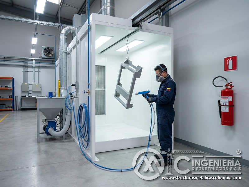Prevención de incendio en pintura en polvo con sandblasting en Bogotá, Colombia. Montajes, Ingeniería y Construcción. MIC SAS.