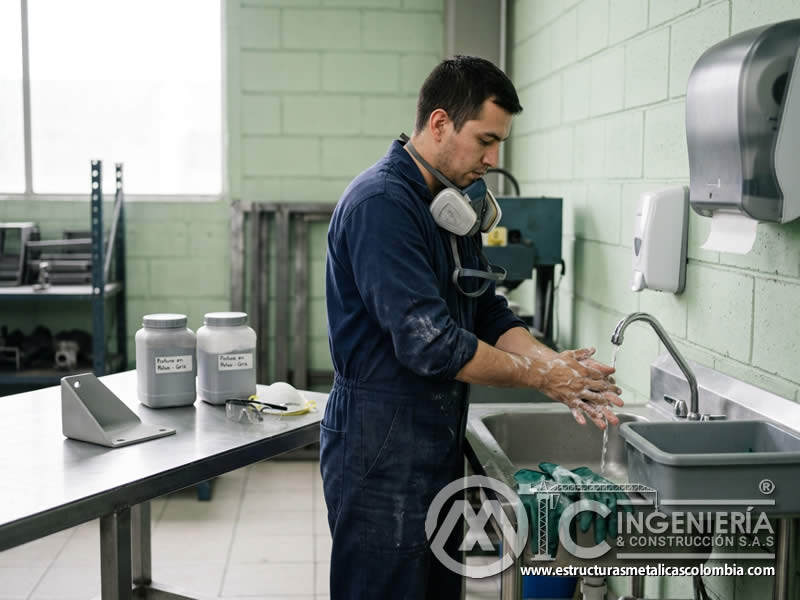 Lavado de manos tras manipular pintura en polvo y sandblasting en Bogotá, Colombia. Montajes, Ingeniería y Construcción. MIC SAS.