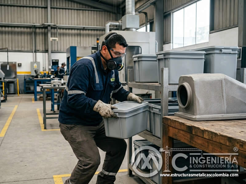 Recipientes de pintura en polvo en área con sandblasting en Bogotá, Colombia. Montajes, Ingeniería y Construcción. MIC SAS.