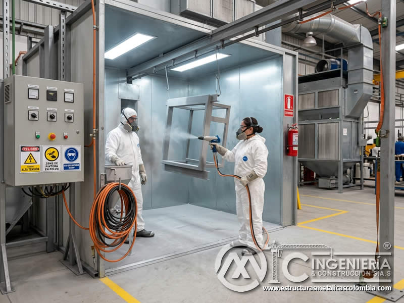 Seguridad en pintura en polvo y equipos electrostáticos con sandblasting en Bogotá, Colombia. Montajes, Ingeniería y Construcción. MIC SAS.
