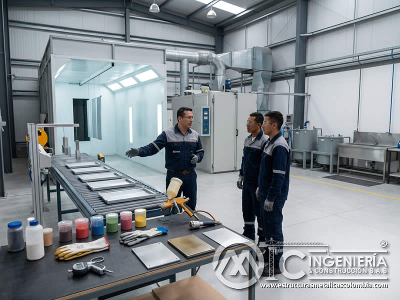 Proceso de aplicación de pintura en polvo con sandblasting en Bogotá, Colombia. Montajes, Ingeniería y Construcción. MIC SAS. Proceso de aplicación de pintura en polvo con sandblasting en Bogotá, Colombia. Montajes, Ingeniería y Construcción. MIC SAS.
