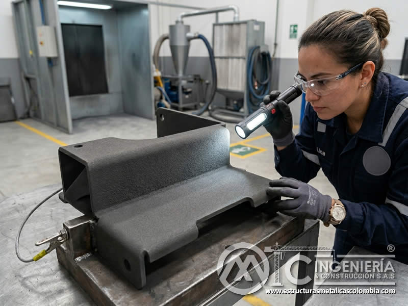 Adhesión de partículas de pintura en polvo sobre metal con sandblasting en Bogotá, Colombia. Montajes, Ingeniería y Construcción. MIC SAS.