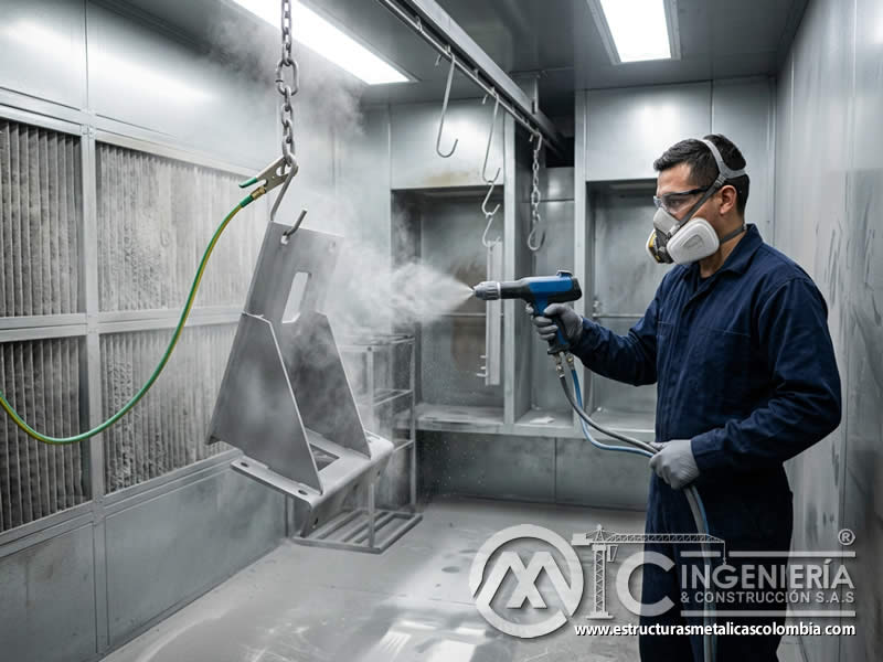 Carga eléctrica en pintura en polvo sobre superficie con sandblasting en Bogotá, Colombia. Montajes, Ingeniería y Construcción. MIC SAS.