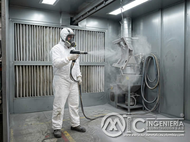 Dispersión de partículas de pintura en polvo con sandblasting en Bogotá, Colombia. Montajes, Ingeniería y Construcción. MIC SAS.