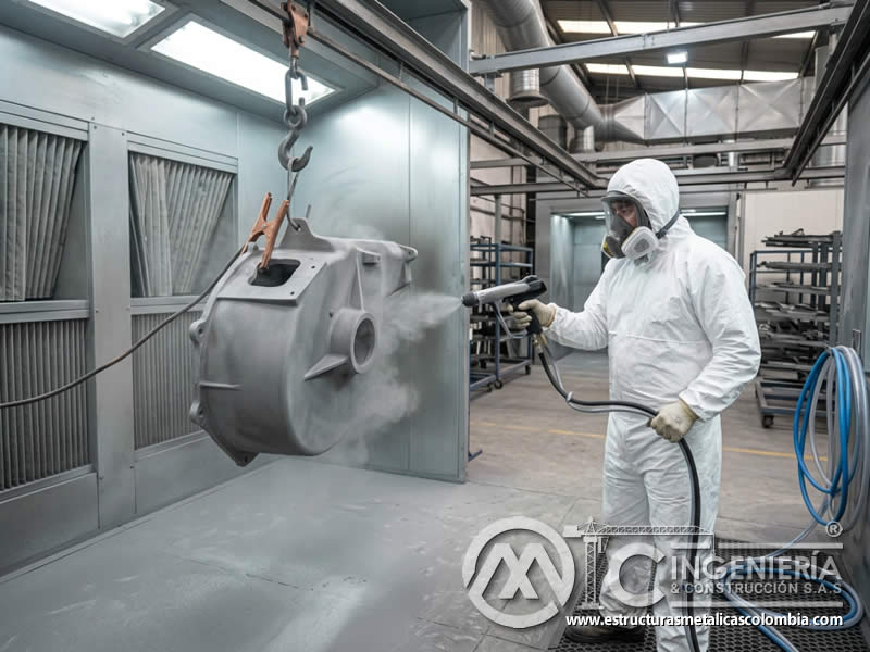 Distancia de pistola en pintura en polvo sobre pieza con sandblasting en Bogotá, Colombia. Montajes, Ingeniería y Construcción. MIC SAS.