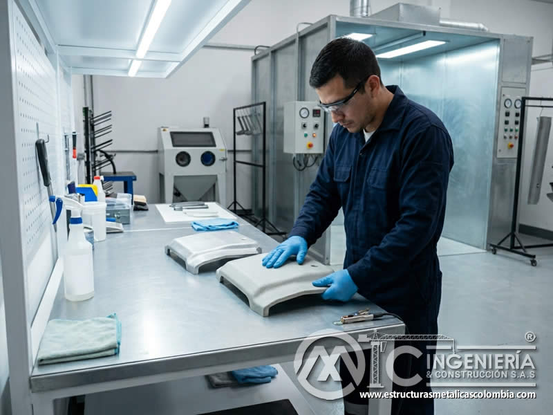 Superficie no conductora preparada con sandblasting para pintura en polvo en Bogotá, Colombia. Montajes, Ingeniería y Construcción. MIC SAS.