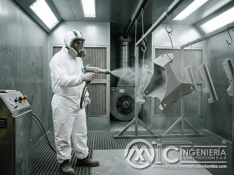 Pistola electrostática aplicando pintura en polvo tras sandblasting en Bogotá, Colombia. Montajes, Ingeniería y Construcción. MIC SAS.