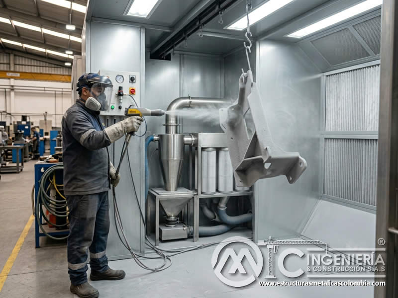 Eficiencia de transferencia de pintura en polvo con sandblasting en Bogotá, Colombia. Montajes, Ingeniería y Construcción. MIC SAS.