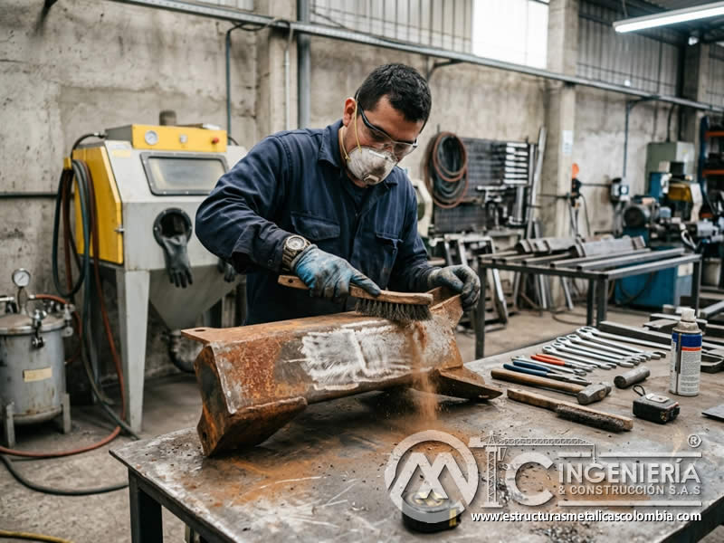 Cepillo de alambre previo a sandblasting para pintura en polvo en Bogotá, Colombia. Montajes, Ingeniería y Construcción. MIC SAS. Cepillo de alambre previo a sandblasting para pintura en polvo en Bogotá, Colombia. Montajes, Ingeniería y Construcción. MIC SAS.