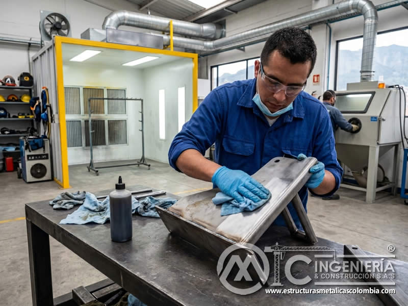 Desengrase de superficie antes de pintura en polvo con sandblasting en Bogotá, Colombia. Montajes, Ingeniería y Construcción. MIC SAS. Desengrase de superficie antes de pintura en polvo con sandblasting en Bogotá, Colombia. Montajes, Ingeniería y Construcción. MIC SAS.