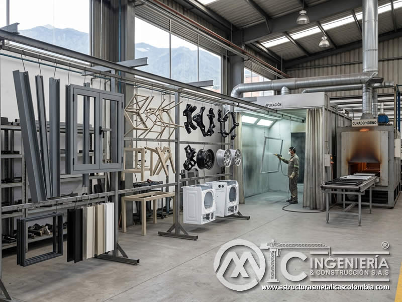 Aplicaciones industriales de pintura en polvo sobre metal con sandblasting en Bogotá, Colombia. Montajes, Ingeniería y Construcción. MIC SAS.