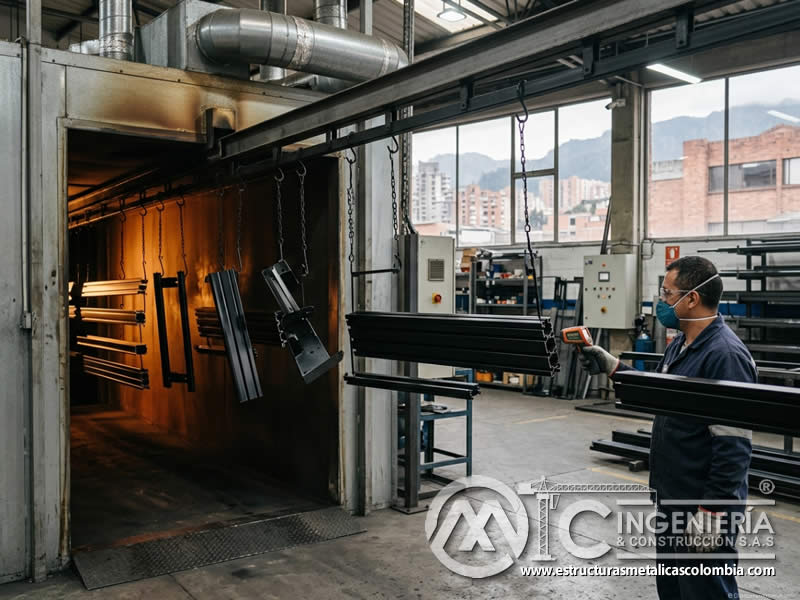 Curado de pintura en polvo aplicada sobre superficie con sandblasting en Bogotá, Colombia. Montajes, Ingeniería y Construcción. MIC SAS.