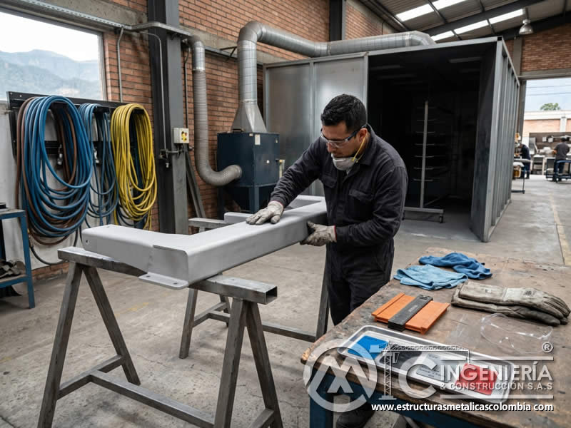 Recubrimiento seco de pintura en polvo con apoyo de sandblasting previo en Bogotá, Colombia. Montajes, Ingeniería y Construcción. MIC SAS.