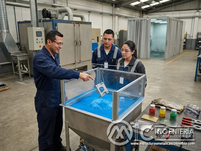 Resinas epoxi de pintura en polvo sobre metal preparado con sandblasting en Bogotá, Colombia. Montajes, Ingeniería y Construcción. MIC SAS.