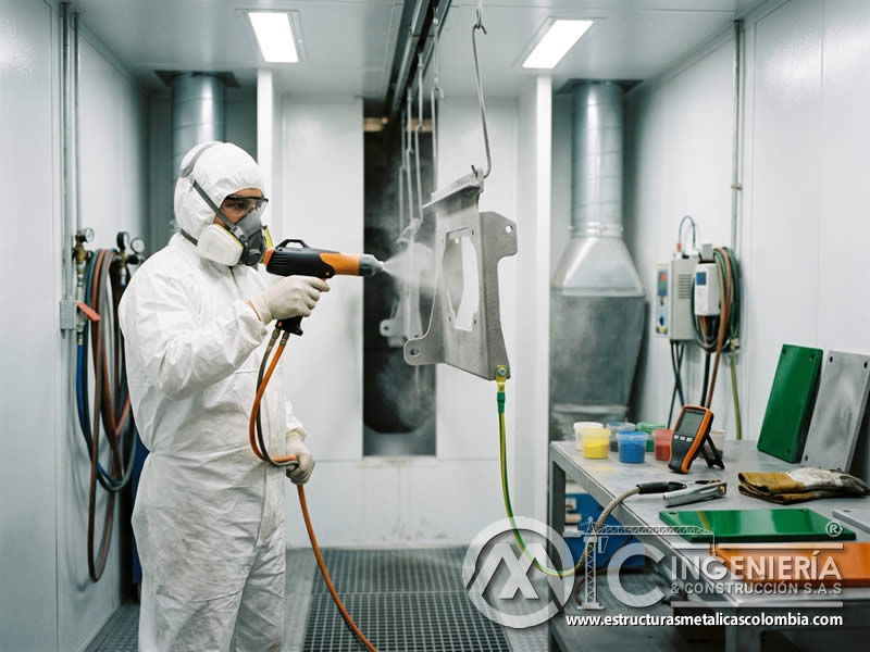 Resinas poliéster en pintura en polvo aplicada después de sandblasting en Bogotá, Colombia. Montajes, Ingeniería y Construcción. MIC SAS.