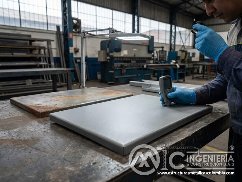 Resistencia a corrosión de pintura en polvo en metal con sandblasting en Bogotá, Colombia. Montajes, Ingeniería y Construcción. MIC SAS.