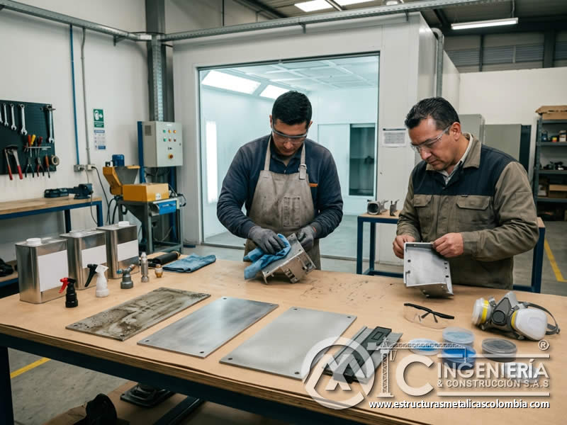 Pintura en polvo sin disolventes sobre piezas tratadas con sandblasting en Bogotá, Colombia. Montajes, Ingeniería y Construcción. MIC SAS.