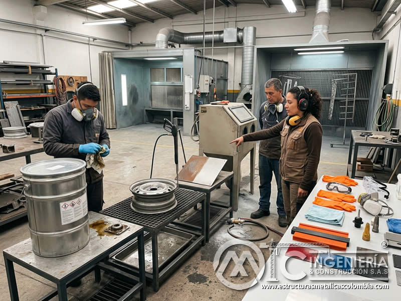 Variedad de colores de pintura en polvo para piezas con sandblasting en Bogotá, Colombia. Montajes, Ingeniería y Construcción. MIC SAS.