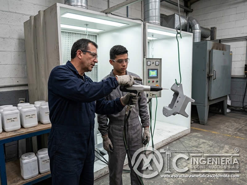Carga corona de pintura en polvo con sandblasting en Bogotá, Colombia. Montajes, Ingeniería y Construcción. MIC SAS. Carga corona de pintura en polvo con sandblasting en Bogotá, Colombia. Montajes, Ingeniería y Construcción. MIC SAS.