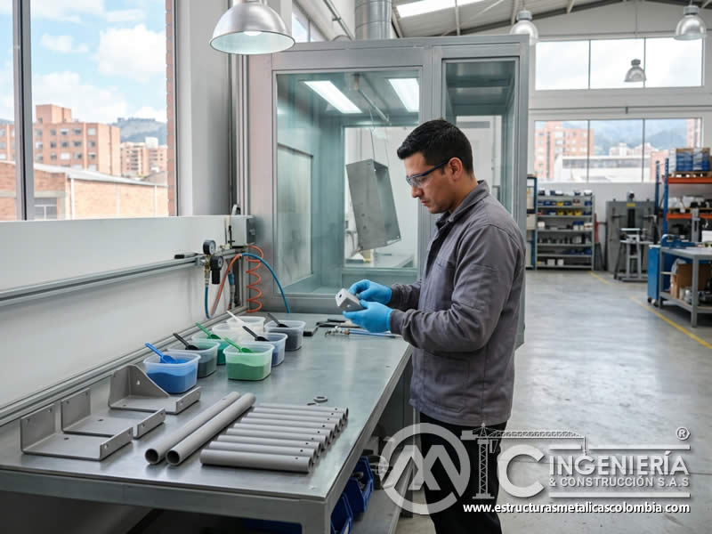 Proceso de pintura en polvo sin solventes tras sandblasting en Bogotá, Colombia. Montajes, Ingeniería y Construcción. MIC SAS. Proceso de pintura en polvo sin solventes tras sandblasting en Bogotá, Colombia. Montajes, Ingeniería y Construcción. MIC SAS.