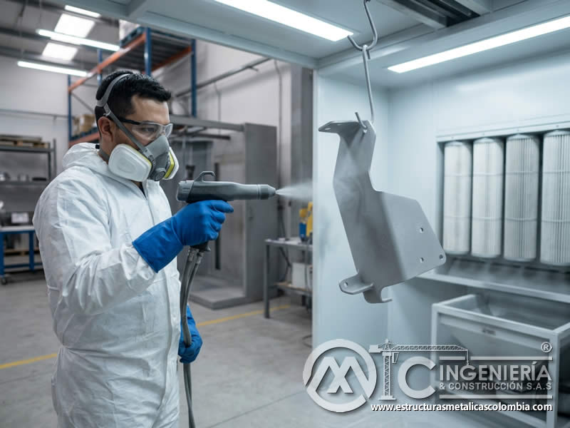 Transferencia eficiente de pintura en polvo sobre metal con sandblasting en Bogotá, Colombia. Montajes, Ingeniería y Construcción. MIC SAS. Transferencia eficiente de pintura en polvo sobre metal con sandblasting en Bogotá, Colombia. Montajes, Ingeniería y Construcción. MIC SAS.