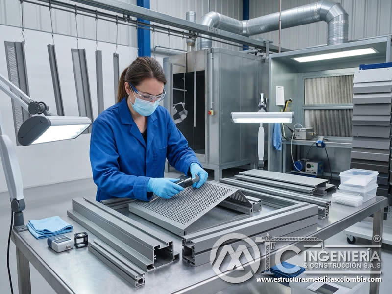 Precauciones al manipular y aplicar pinturas en polvo antimicrobianas con equipo de protección, ventilación y control de proceso en Bogotá, Colombia. Montajes, Ingeniería y Construcción. MIC SAS.