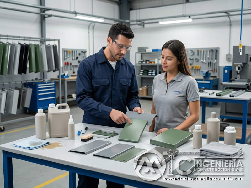 Inspección posterior al contacto químico para confirmar adherencia, textura y apariencia como apoyo al mantenimiento profesional de piezas recubiertas en Bogotá, Colombia. Montajes, Ingeniería y Construcción. MIC SAS.