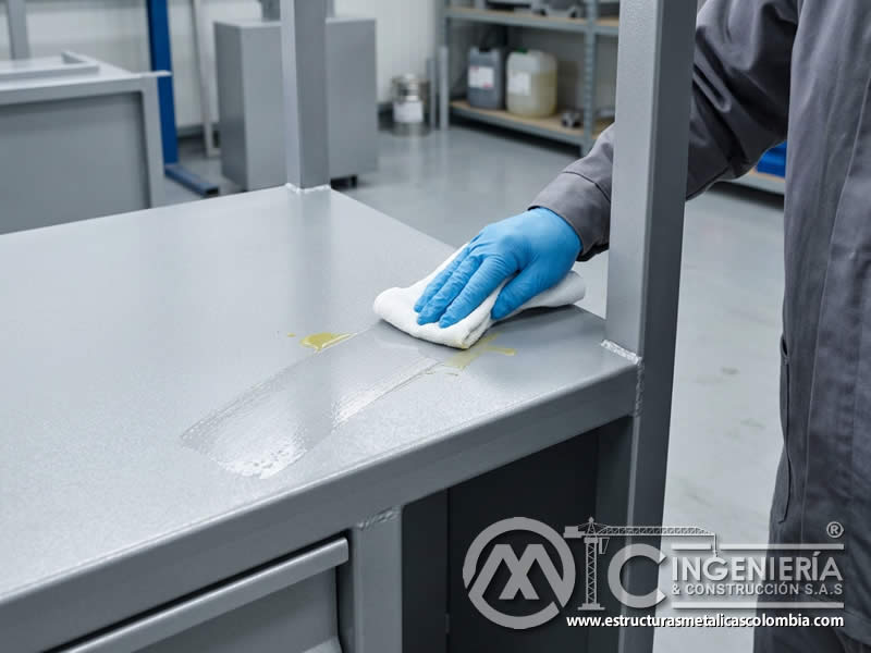 Prueba de compatibilidad química antes de limpiar piezas con pintura electrostática en polvo para prolongar la vida útil de piezas metálicas pintadas en Bogotá, Colombia. Montajes, Ingeniería y Construcción. MIC SAS.
