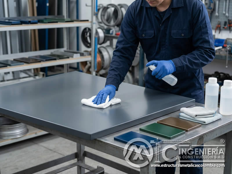 Control de residuos químicos para evitar que permanezcan sobre bordes, uniones y perforaciones dentro de rutinas de cuidado para pintura electrostática en polvo en Bogotá, Colombia. Montajes, Ingeniería y Construcción. MIC SAS.