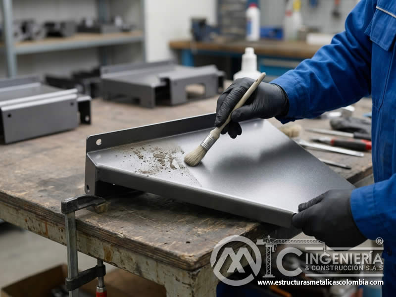 Revisión de bordes y esquinas después de usar herramientas de limpieza mecánica dentro de rutinas de cuidado para pintura electrostática en polvo en Bogotá, Colombia. Montajes, Ingeniería y Construcción. MIC SAS.