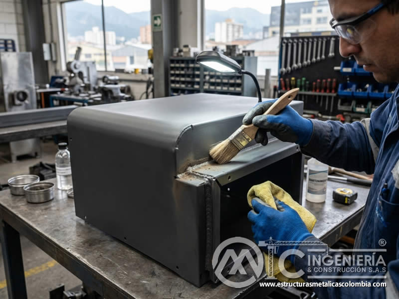 Limpieza de estructuras pintadas sin dañar capas curadas de pintura en polvo cuidando bordes, uniones y zonas de mayor contacto en Bogotá, Colombia. Montajes, Ingeniería y Construcción. MIC SAS.