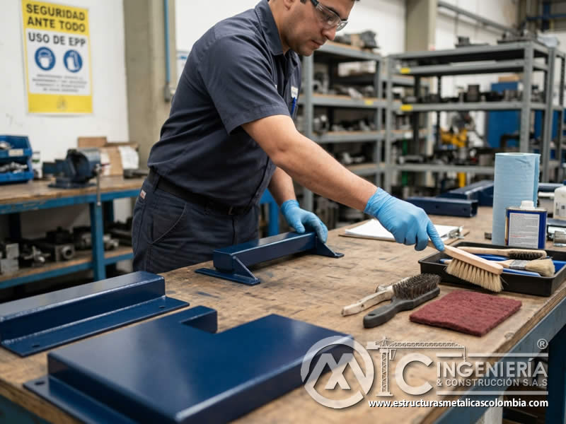 Control de fuerza aplicada para conservar brillo, color y protección anticorrosiva del acabado para proteger superficies expuestas a limpieza y manipulación en Bogotá, Colombia. Montajes, Ingeniería y Construcción. MIC SAS.