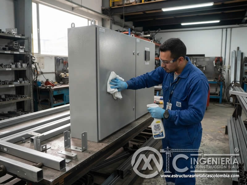 Limpieza de barandas y piezas metálicas con solución neutra para preservar la protección anticorrosiva en Bogotá, Colombia. Montajes, Ingeniería y Construcción. MIC SAS.