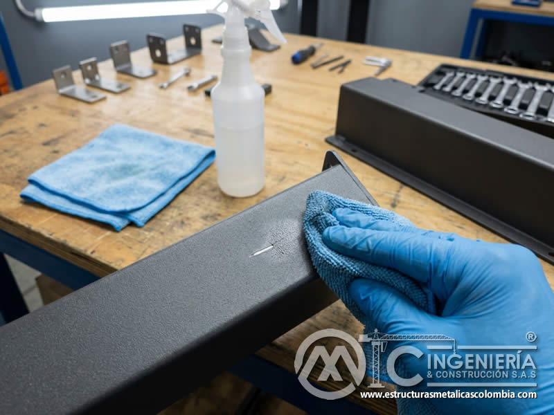 Limpieza previa de la zona afectada antes de reparar pintura en polvo en Bogotá, Colombia. Montajes, Ingeniería y Construcción. MIC SAS. Limpieza previa de la zona afectada antes de reparar pintura en polvo en Bogotá, Colombia. Montajes, Ingeniería y Construcción. MIC SAS.