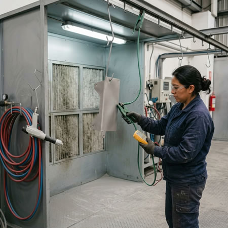Operador protegido durante la aplicación de pintura en polvo con ventilación, conexión a tierra y orden en Bogotá, Colombia. Montajes, Ingeniería y Construcción. MIC SAS.