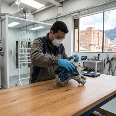 Pieza metálica limpia, conectada a tierra y cubierta uniformemente con pintura en polvo en Bogotá, Colombia. Montajes, Ingeniería y Construcción. MIC SAS.