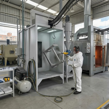 Pistola electrostática, cabina y horno integran el equipo básico de pintura en polvo en Bogotá, Colombia. Montajes, Ingeniería y Construcción. MIC SAS.
