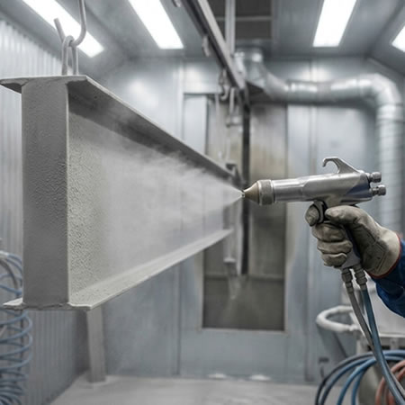 Pistola electrostática proyectando partículas cargadas sobre una superficie conectada a tierra en Bogotá, Colombia. Montajes, Ingeniería y Construcción. MIC SAS.