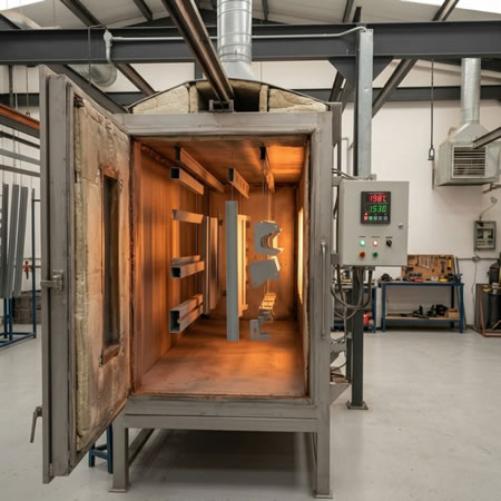 Horno industrial calentando piezas para fusionar el recubrimiento de pintura en polvo en Bogotá, Colombia. Montajes, Ingeniería y Construcción. MIC SAS.