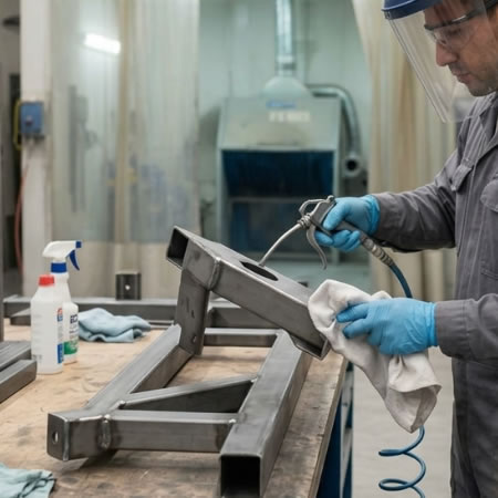 Superficie metálica libre de grasa, suciedad y óxido antes del recubrimiento en polvo en Bogotá, Colombia. Montajes, Ingeniería y Construcción. MIC SAS.
