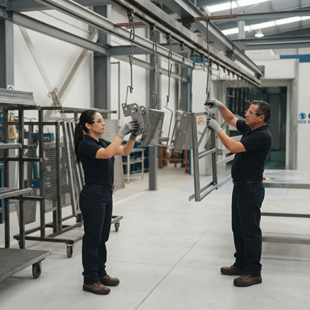 Piezas avanzan por limpieza, pretratamiento, aplicación electrostática y curado en horno en Bogotá, Colombia. Montajes, Ingeniería y Construcción. MIC SAS.