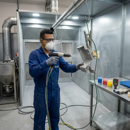Aplicación de pintura en polvo mediante atracción electrostática y curado térmico en piezas metálicas en Bogotá, Colombia. Montajes, Ingeniería y Construcción. MIC SAS.