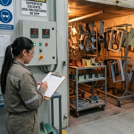 Piezas con pintura en polvo permanecen en el horno según la resina, el espesor y la temperatura en Bogotá, Colombia. Montajes, Ingeniería y Construcción. MIC SAS.