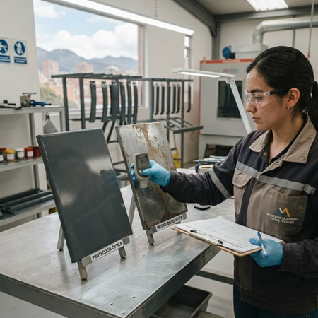 Recubrimiento en polvo formando una barrera contra humedad, salinidad y agentes químicos en Bogotá, Colombia. Montajes, Ingeniería y Construcción. MIC SAS.