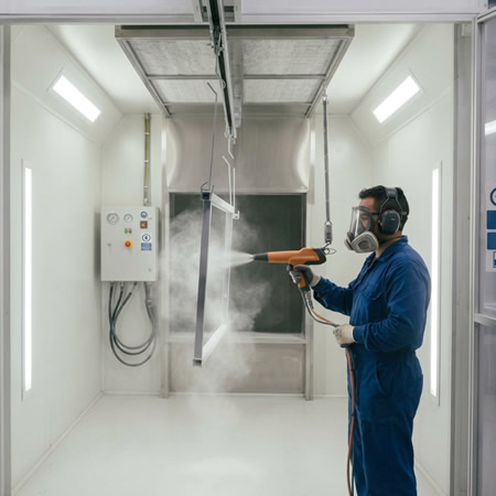 Pintura en polvo sin solventes aplicada con recuperación del material que no se adhiere en Bogotá, Colombia. Montajes, Ingeniería y Construcción. MIC SAS.