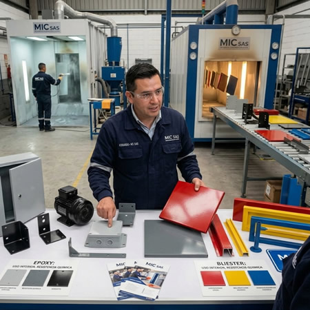 Tres acabados en polvo evaluados por comportamiento químico, exterior y mecánico en Bogotá, Colombia. Montajes, Ingeniería y Construcción. MIC SAS.