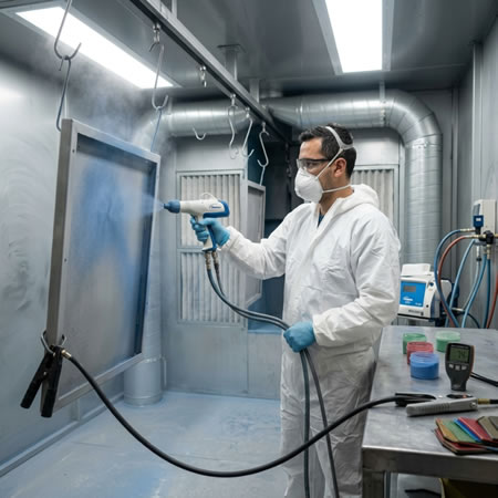 Preparación, aplicación electrostática y horneado para recubrir piezas con pintura en polvo en Bogotá, Colombia. Montajes, Ingeniería y Construcción. MIC SAS.